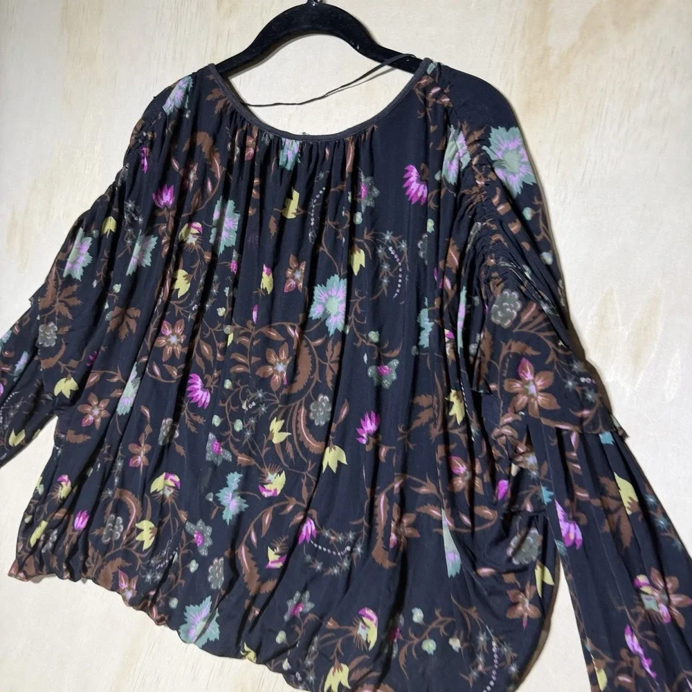 Free People Women's XS Floral Peasant Blouse Black Boho Balloon Sleeve Top